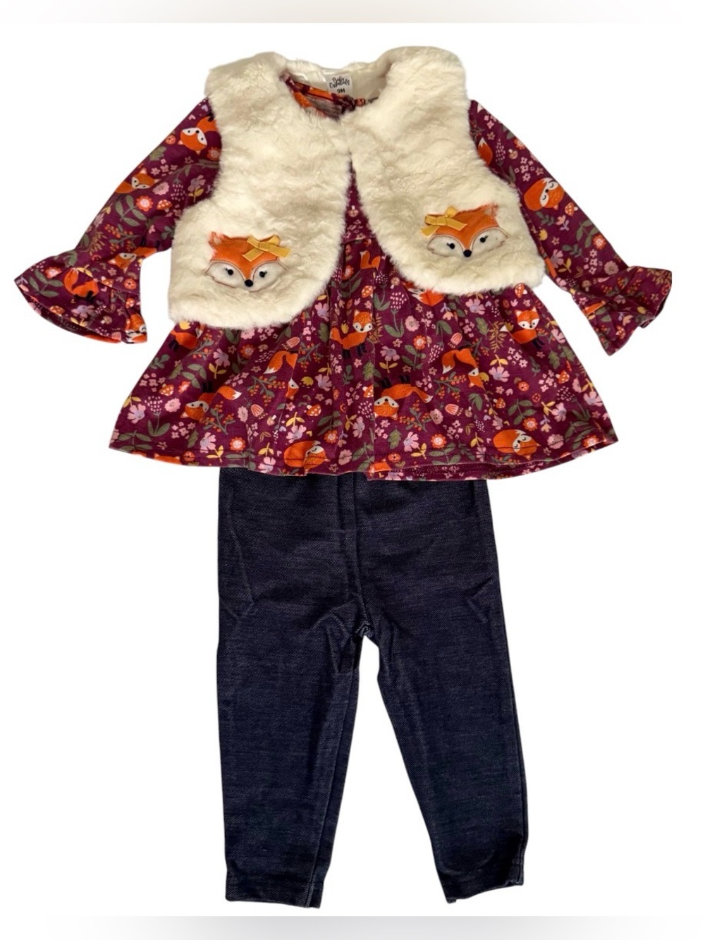 Baby Essentials Baby Girl 9M Fox Floral Dress Faux Fur Vest Leggings 3-Piece Set - Picture 2 of 11